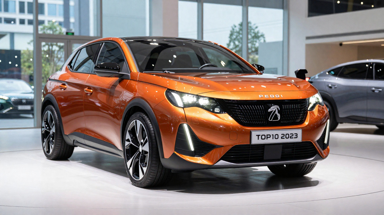 Carro compacto SUV laranja com faróis LED acesos e placa "TOP10 2023" em showroom moderno.