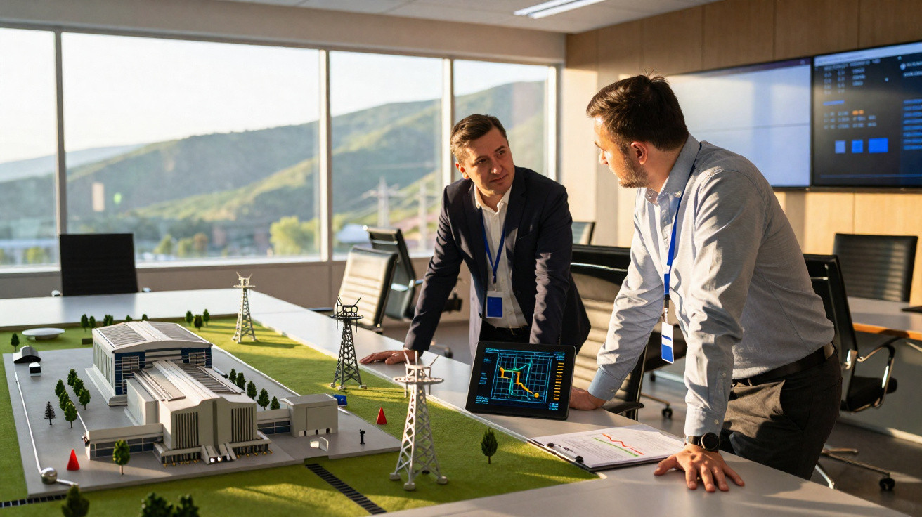 Dois homens discutem projeto de infraestrutura com maquete e tablet em sala com vista para montanhas.