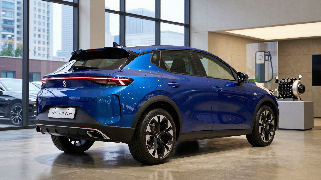 Carro elétrico azul Ypsilon 2025 exibido em showroom moderno com iluminação natural e motor exposto.