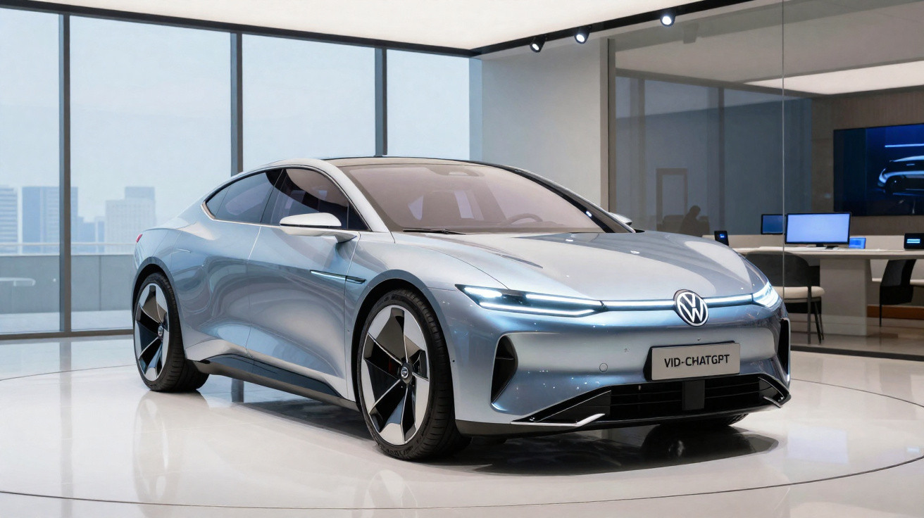 Carro elétrico Volkswagen prata em showroom moderno com janelas grandes e piso branco.