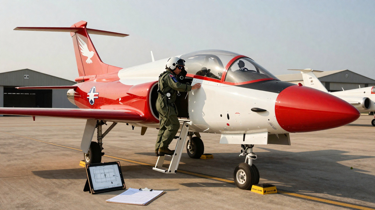 Piloto vestido com macacão verde sobe em avião de caça vermelho e branco no aeroporto.