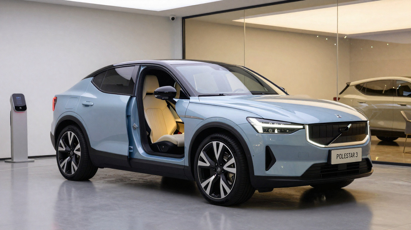 Carro elétrico cinza Polestar 3 estacionado em ambiente interno com piso cinza e parede branca.