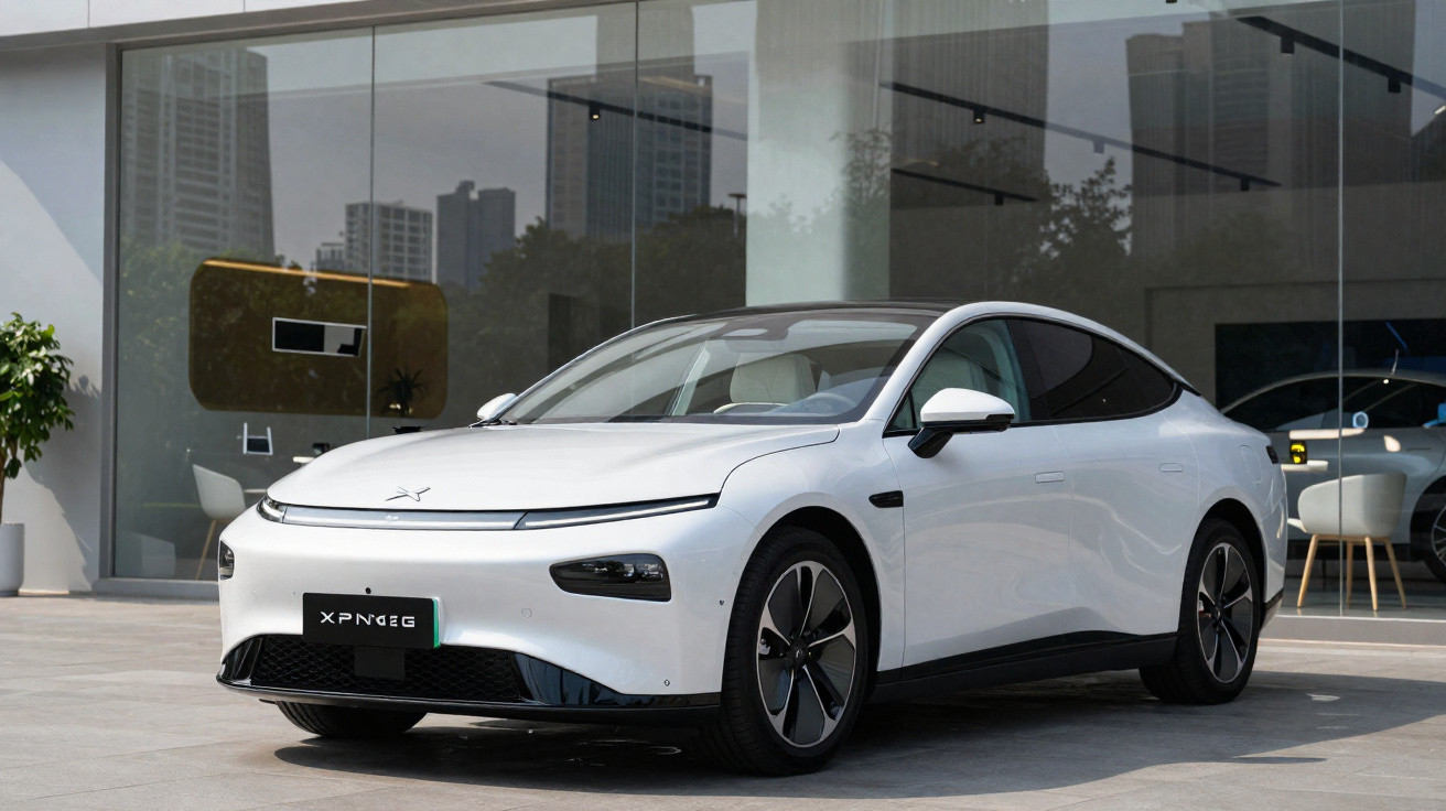 Carro elétrico branco Xpeng P5 estacionado em frente a vidro refletivo de prédio moderno.