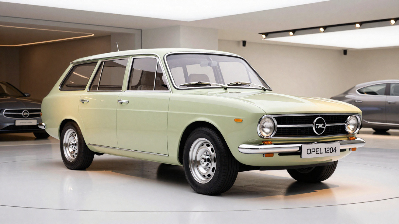 Carro antigo Opel 1204 perua verde claro exibido em showroom moderno.