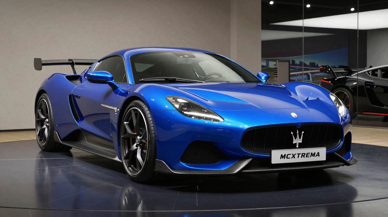 Carro esportivo Maserati MCXtrema azul em exposição, com design aerodinâmico e rodas esportivas.
