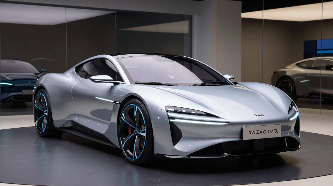 Carro esportivo elétrico cinza prata com design moderno estacionado em salão com espelhos.