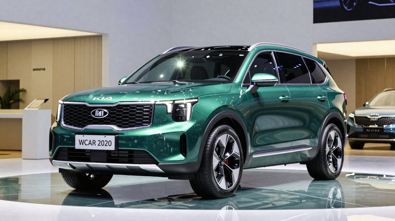 SUV Kia verde exposto em salão automotivo com iluminação ambiente e outros carros ao fundo.