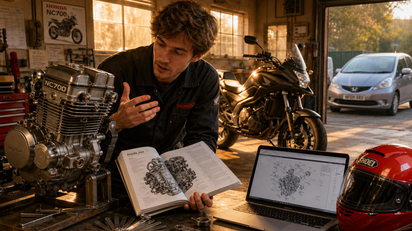 Homem em oficina de motos explica motor Honda NC700 com livro, motor exposto e computador aberto em esquema técnico.