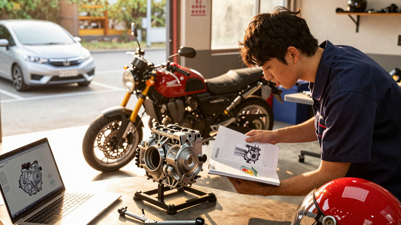 Jovem estudando manual técnico de motor em oficina com moto e capacetes ao fundo.