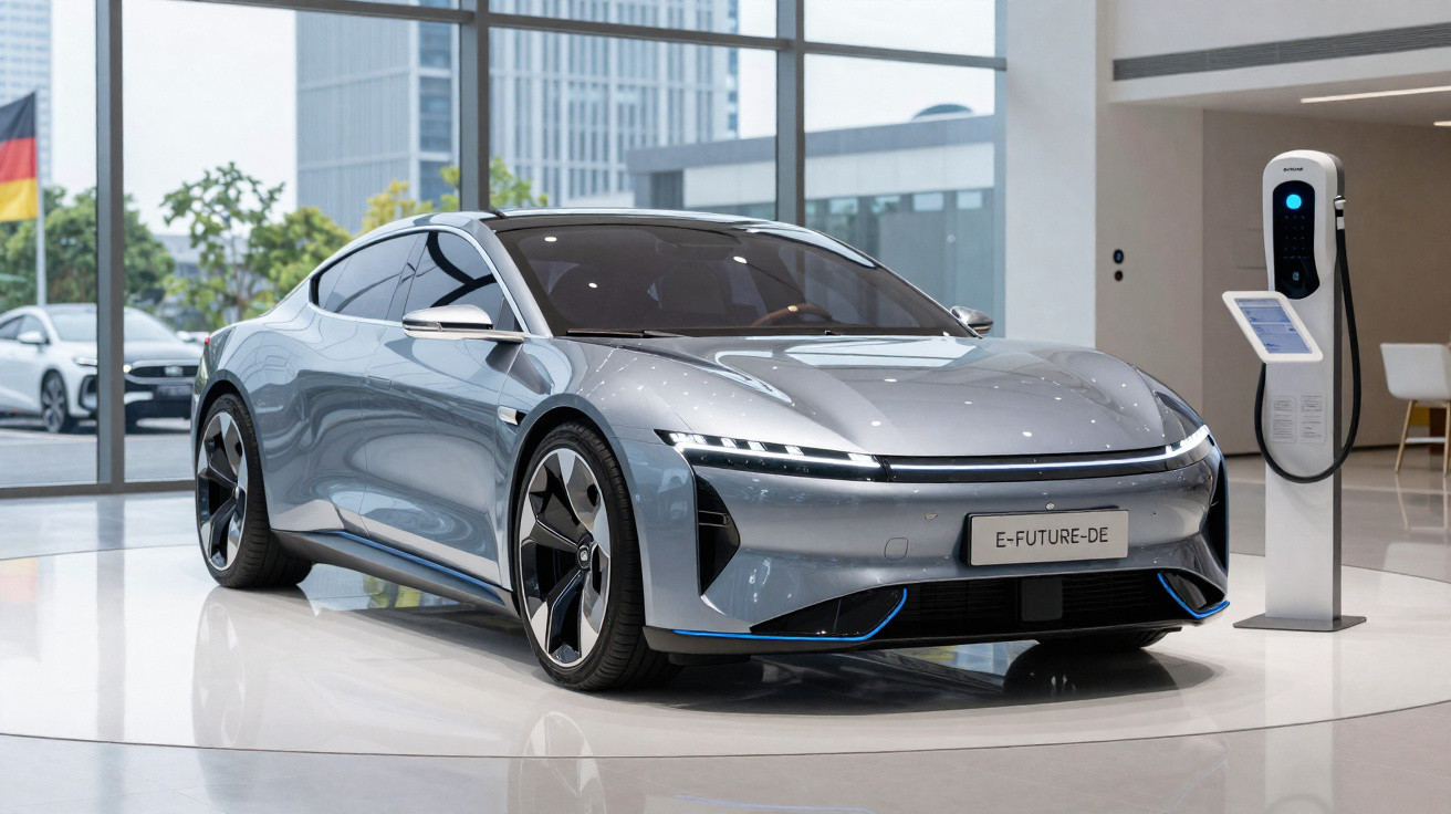 Carro elétrico prateado futurista estacionado em salão de exposição com carregador ao fundo.