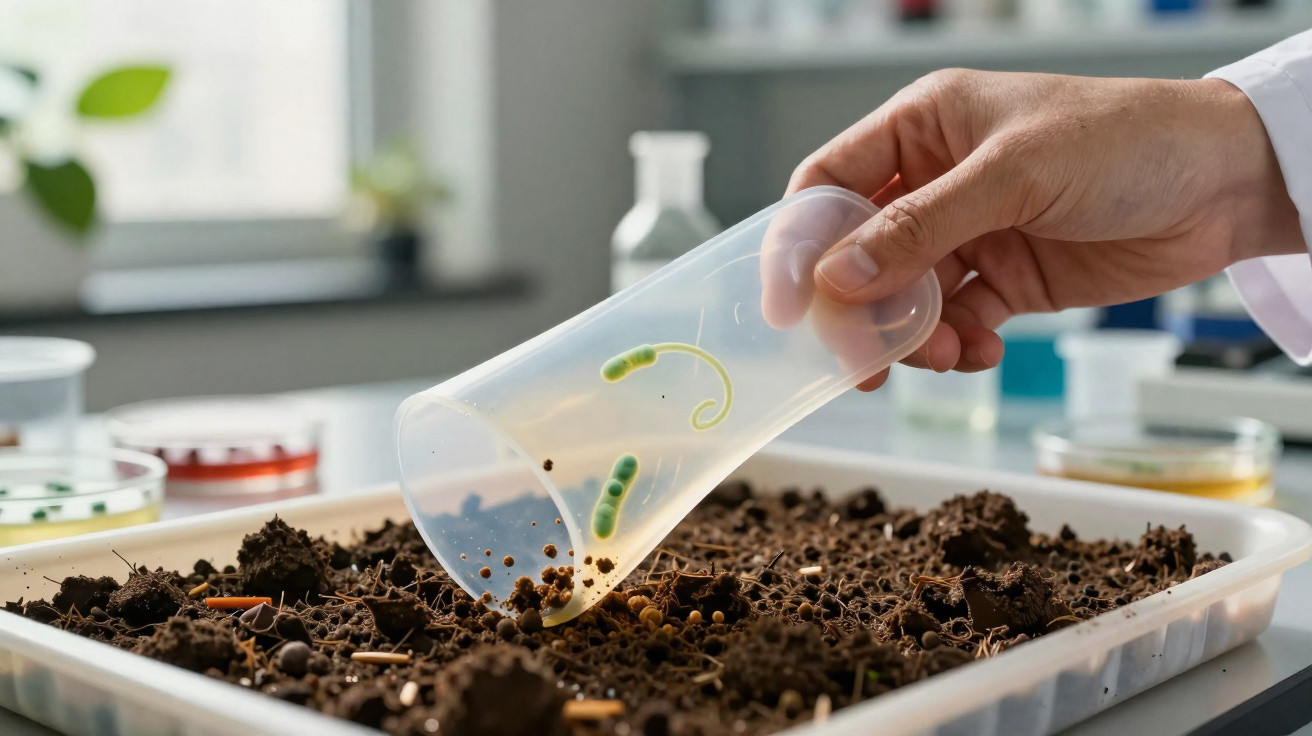 Mão despejando líquido em amostra de solo em bandeja para experimento científico em laboratório.