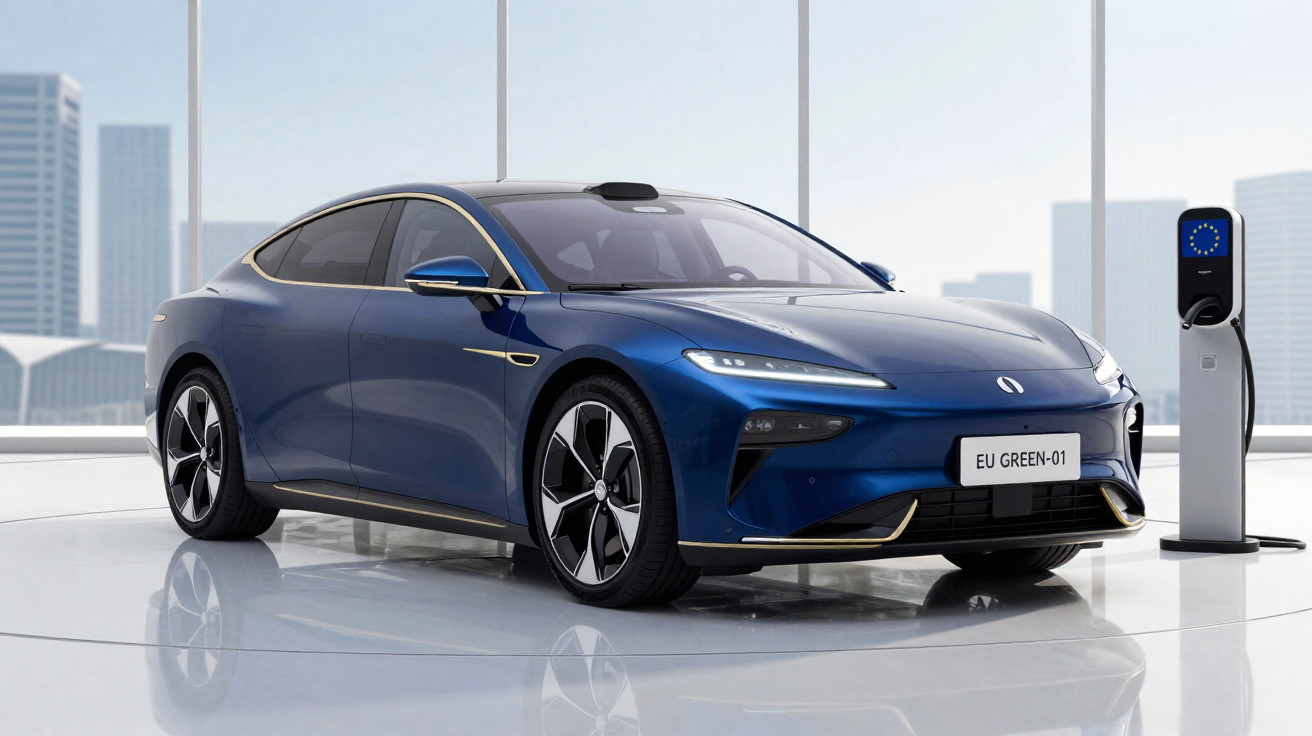 Carro elétrico esportivo azul estacionado em showroom moderno com estação de recarga ao lado.