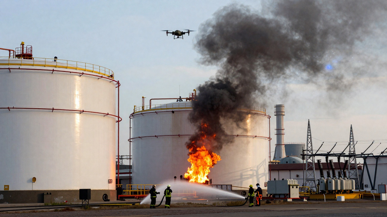 Tanque industrial em chamas com bombeiros combatendo o fogo e drone sobrevoando o local.