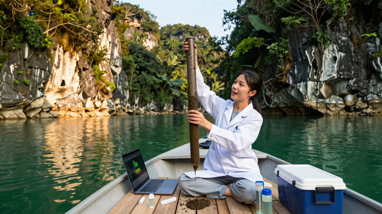 Mulher cientista coleta amostra de solo em barco cercado por rios e rochas em área natural.