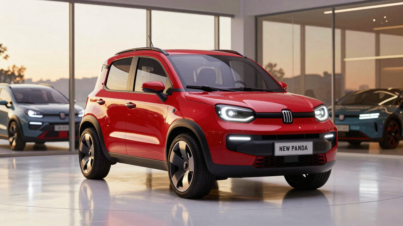 Carro Fiat New Panda vermelho exibido em showroom moderno com vidro e luz natural ao entardecer.