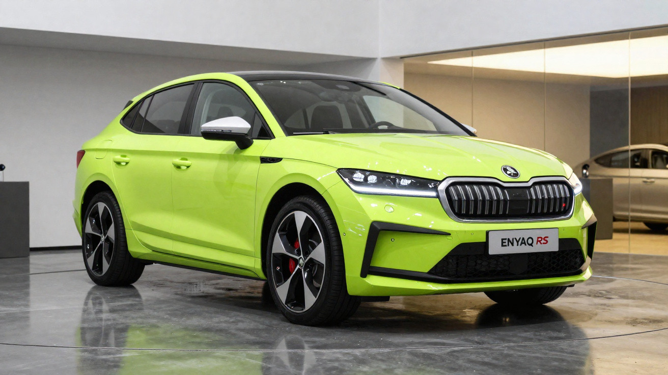 Carro elétrico Škoda Enyaq RS na cor verde limão em ambiente interno moderno.
