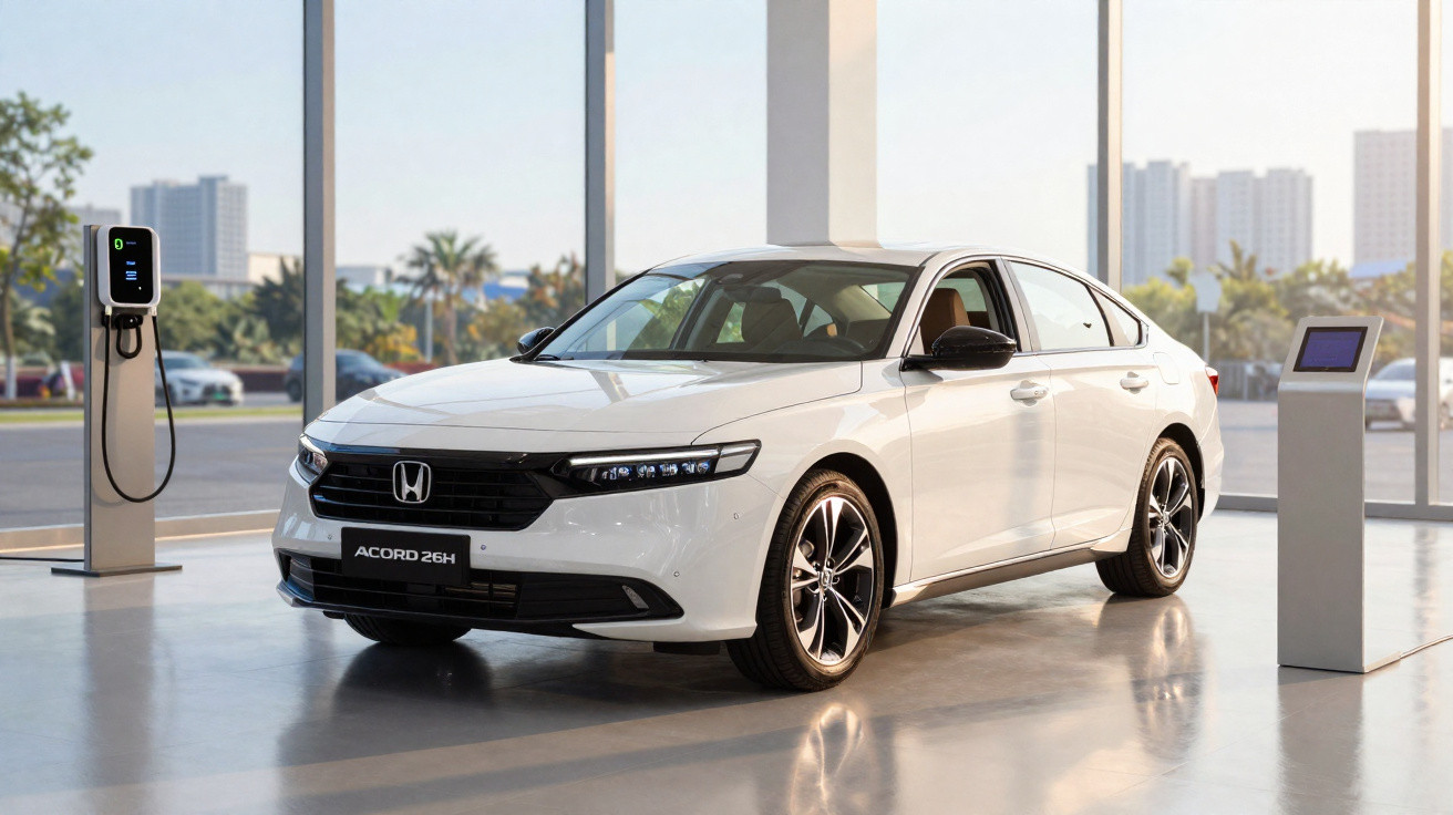Carro elétrico branco Honda Accord 26H em salão moderno com estação de carregamento ao fundo.