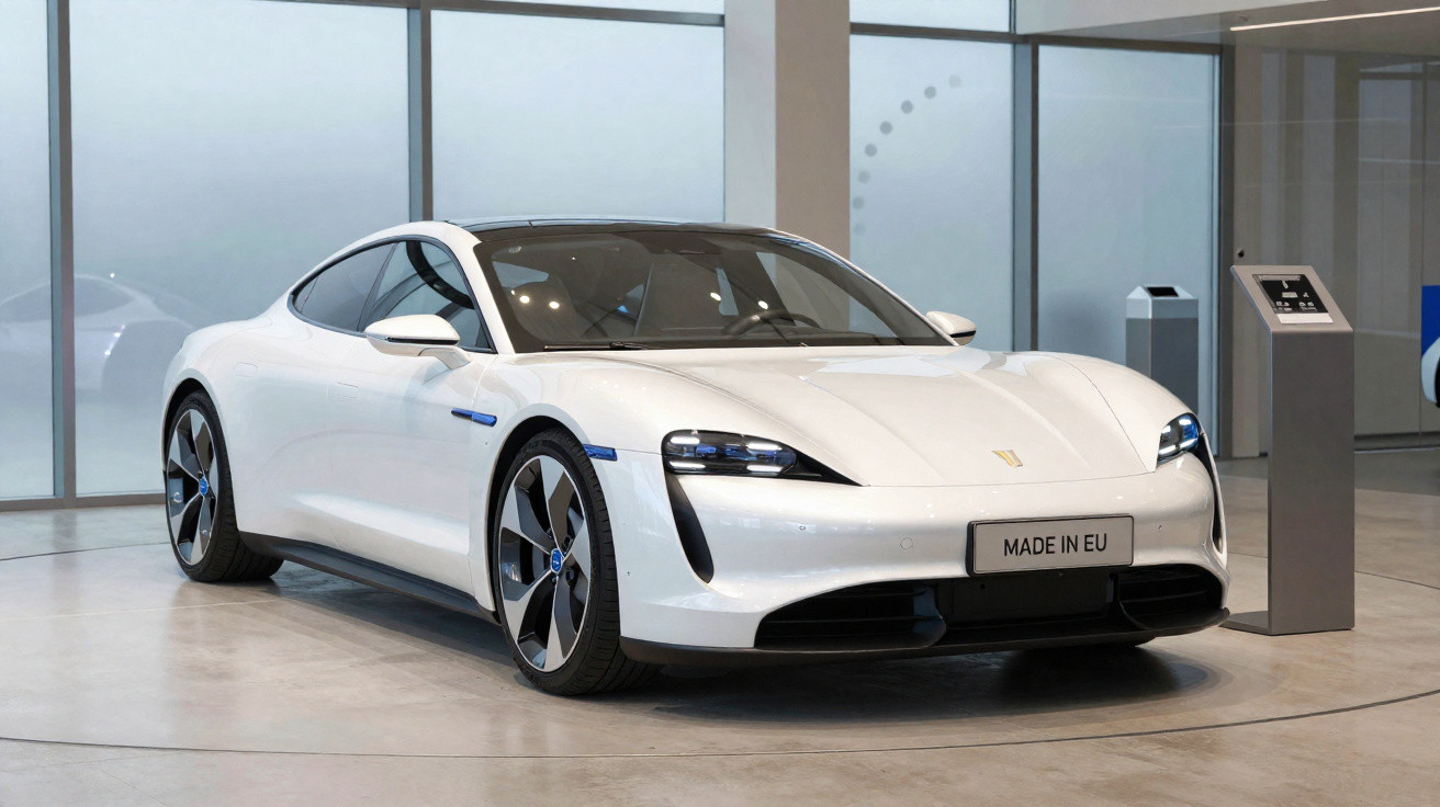 Carro esportivo branco elétrico estacionado em showroom moderno com placa "Made in EU" e estação de carregamento ao lado.