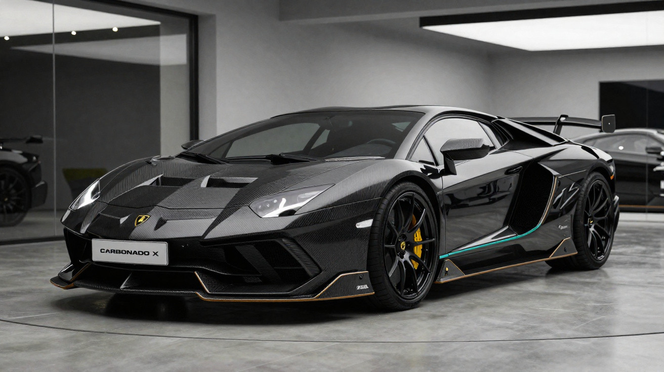 Carro esportivo Lamborghini carbonizado preto brilhante em showroom com piso cinza e espelho ao fundo.