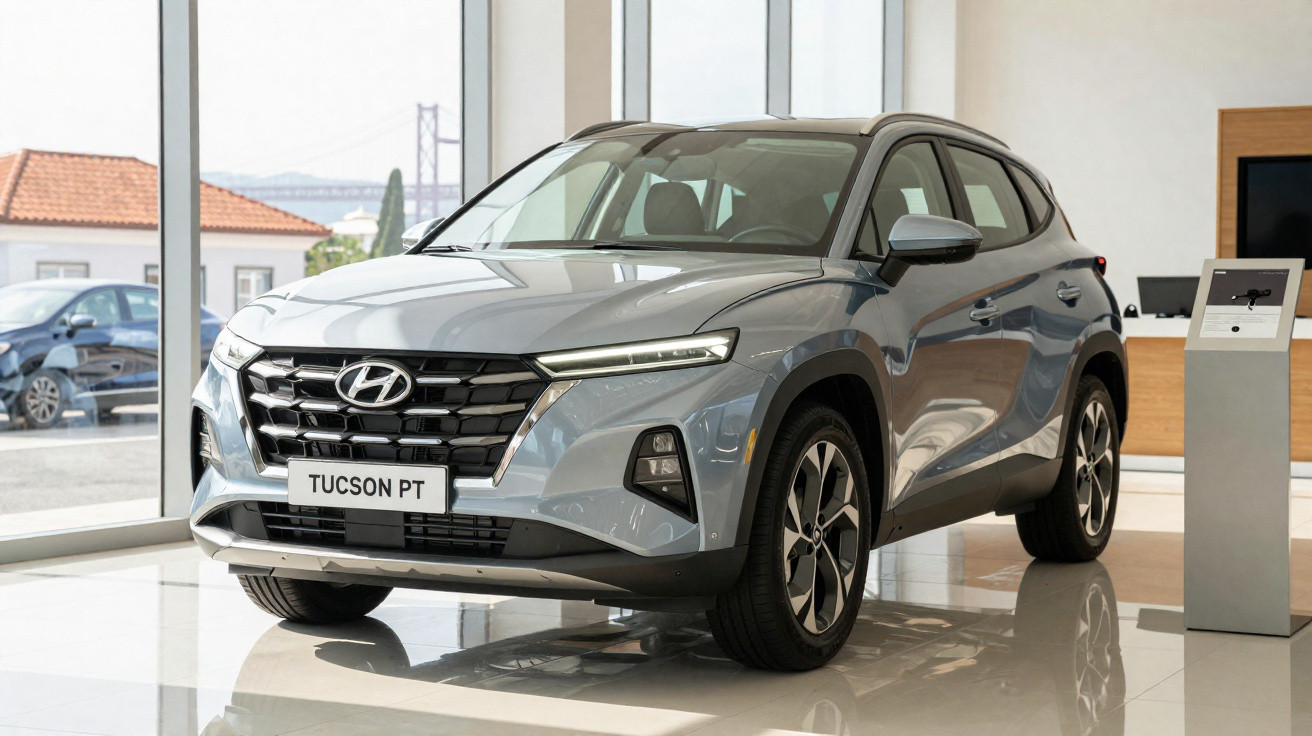 Carro SUV Hyundai Tucson PT cinza estacionado em showroom com piso branco e grandes janelas.