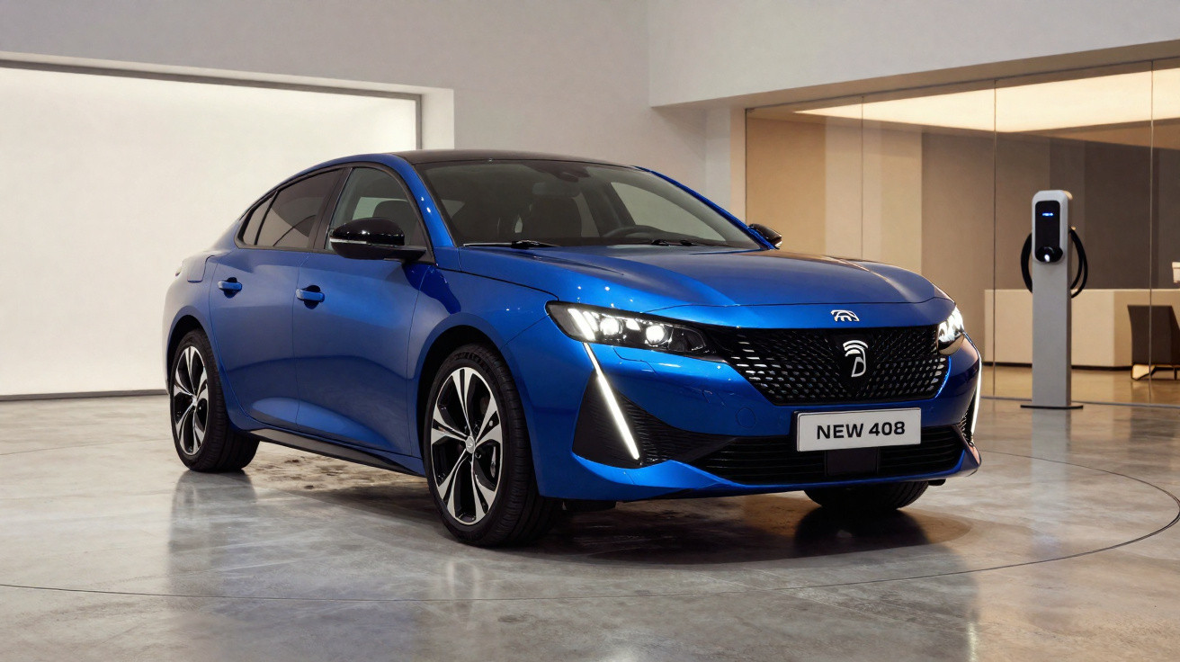 Carro azul elétrico Peugeot 408 estacionado em ambiente interno moderno com estação de recarga ao fundo.