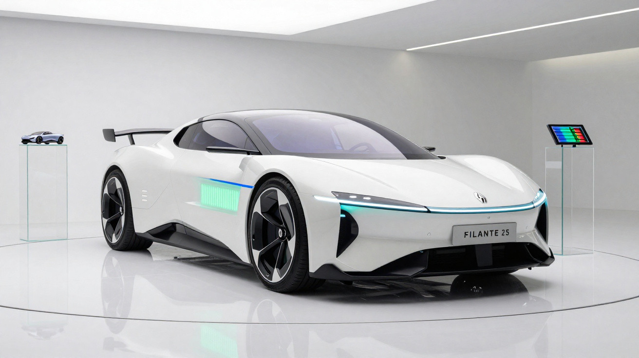 Carro esportivo elétrico branco Filante 25 em exposição, com design moderno e aerodinâmico.