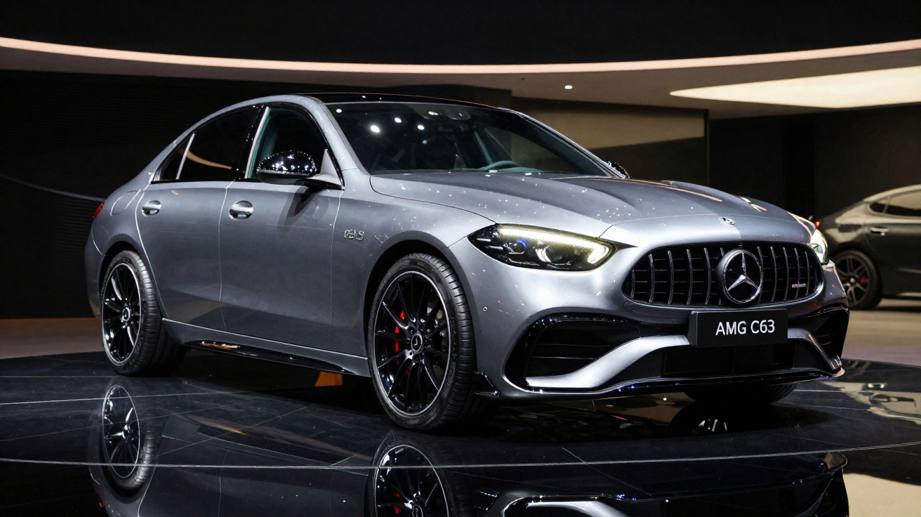 Carro esportivo Mercedes-Benz AMG C63 cinza metálico exibido em ambiente interno iluminado.
