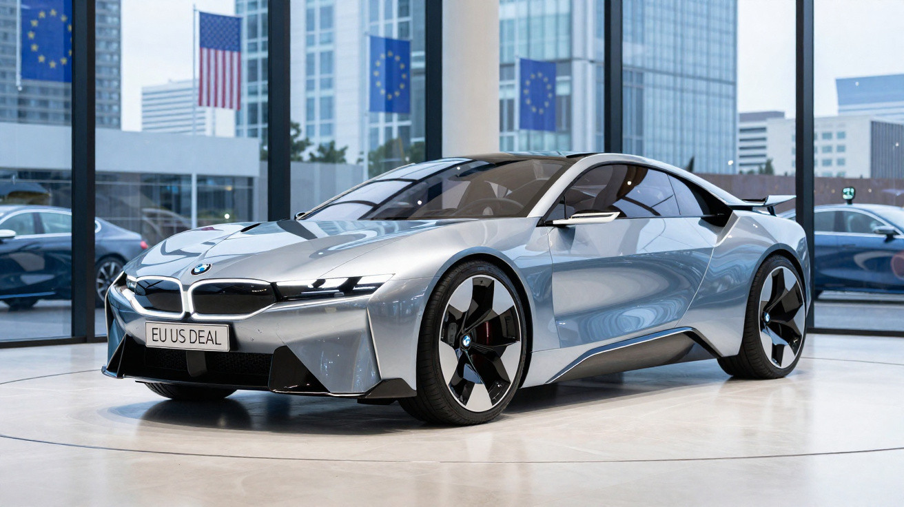 Carro esportivo BMW prata estacionado em showroom com janelas grandes e bandeiras ao fundo.