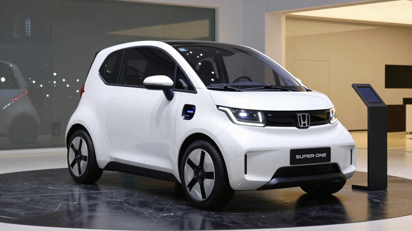 Carro elétrico compacto branco Honda Super-One em exposição em showroom moderno à noite.