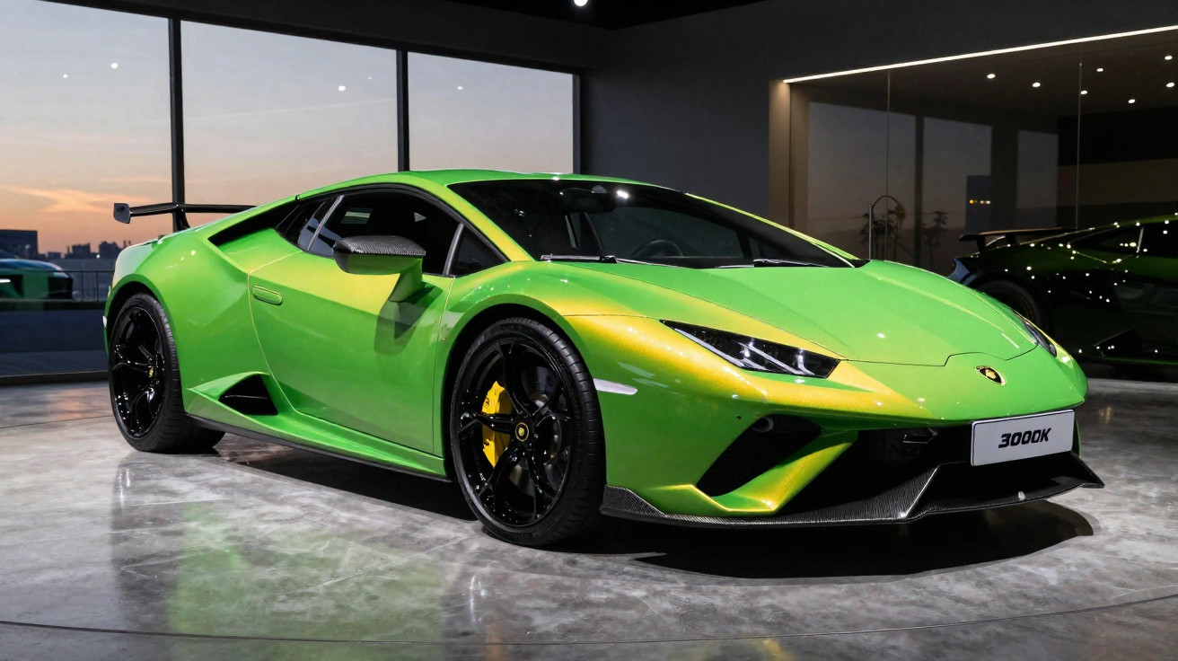 Carro esportivo Lamborghini Huracán verde em showroom com iluminação artificial e chão espelhado.