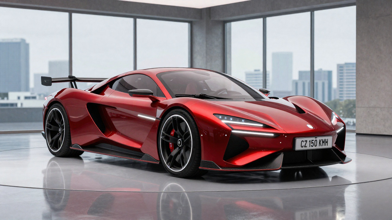 Carro esportivo vermelho McLaren com design aerodinâmico exibido em showroom moderno.