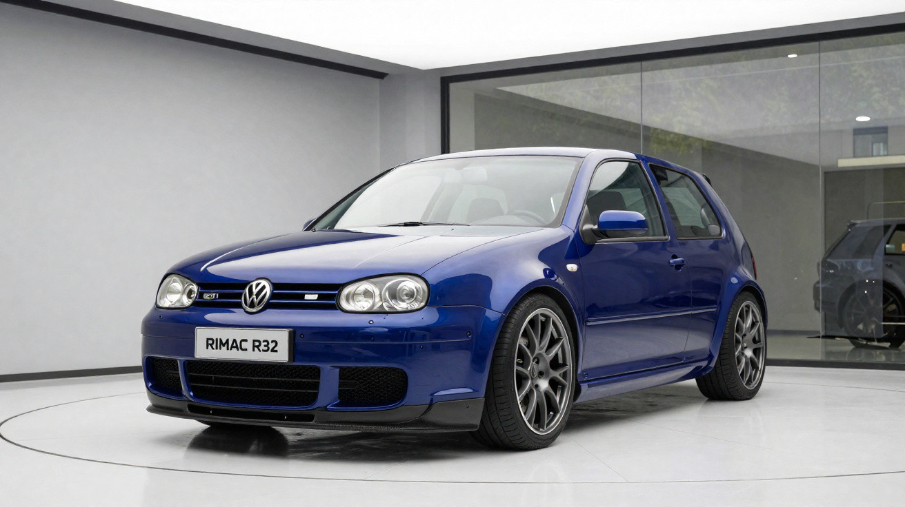 Carro esportivo Volkswagen azul com rodas pretas exibido em estúdio moderno com parede de vidro.