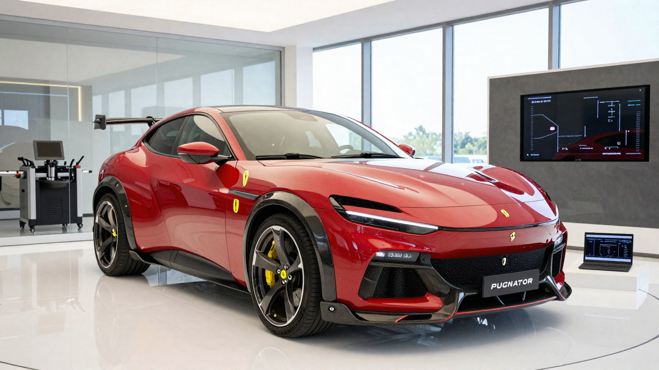 Carro esportivo Ferrari vermelho em exibição moderna com detalhes em carbono e rodas pretas de liga leve.