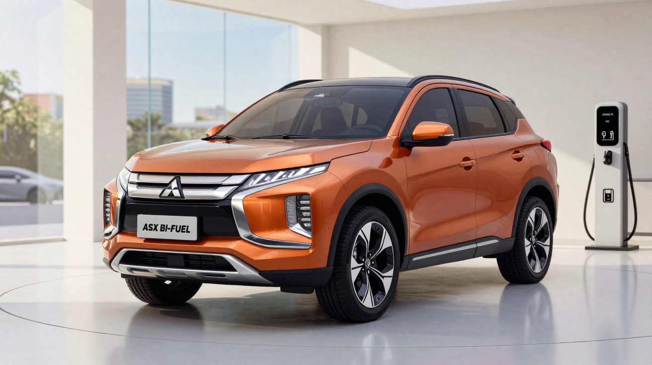 Carro SUV prata Mitsubishi ASX Bi-Fuel exposto em salão moderno com parede de vidro ao fundo.