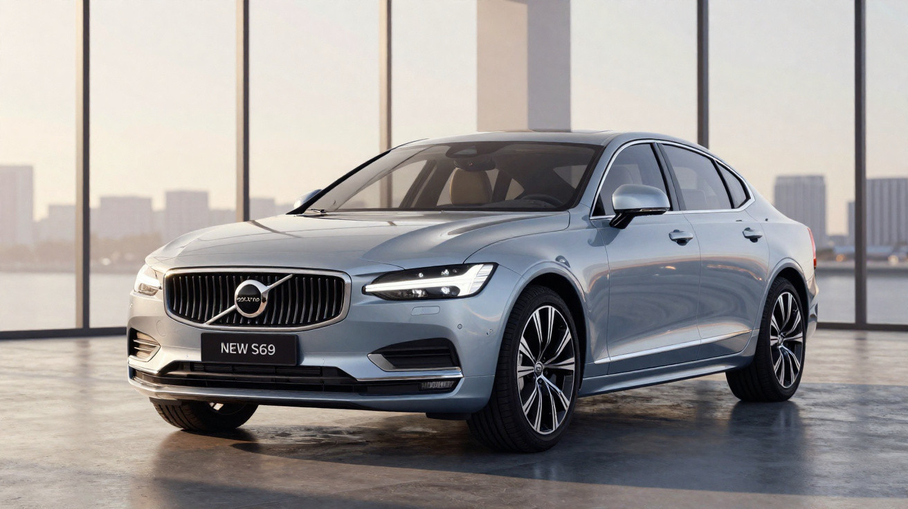 Carro sedan Volvo New SV9 prata estacionado em ambiente interno com janelas grandes e vista urbana.
