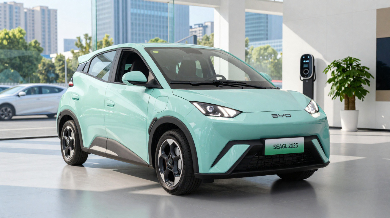 Carro elétrico compacto verde água estacionado em showroom moderno com plantas e prédios ao fundo.