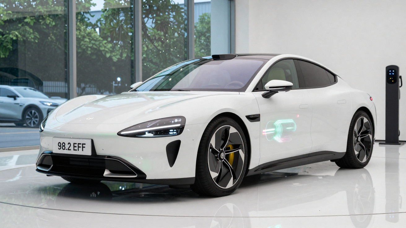 Carro elétrico branco moderno em ambiente interno com estação de recarga ao fundo.