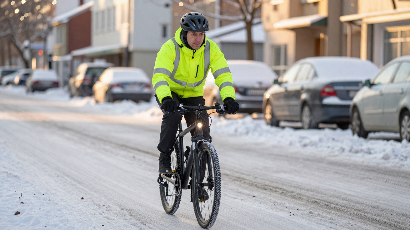 Homem com jaqueta amarela refletiva pedalando bicicleta na neve em rua urbana com carros estacionados.