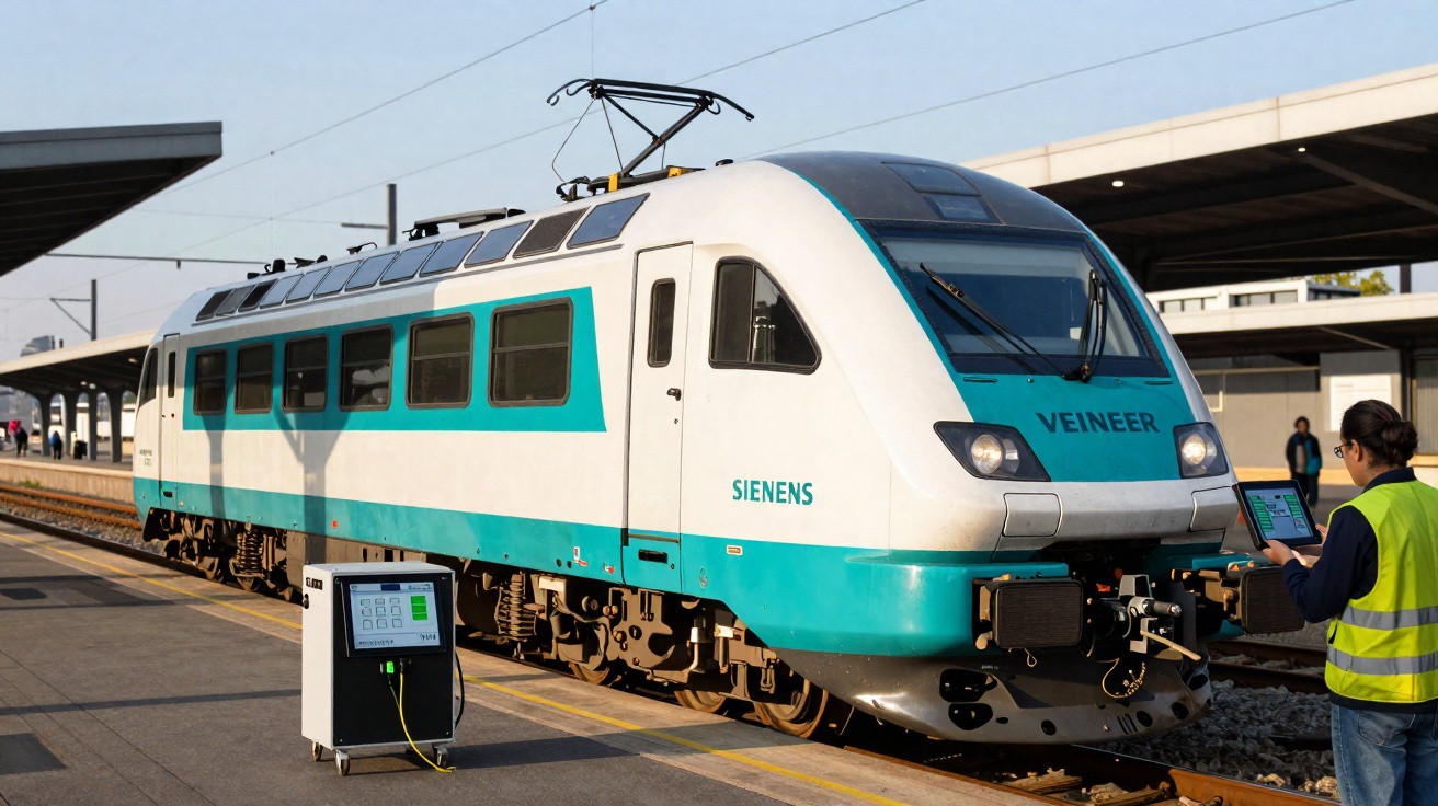 Trem moderno branco e azul na plataforma com trabalhador verificando equipamento ao lado.