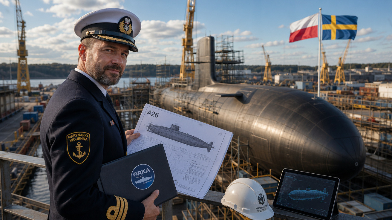 Oficial naval com uniforma com projetos de submarino A26 em estaleiro com bandeiras da Polônia e Suécia ao fundo.