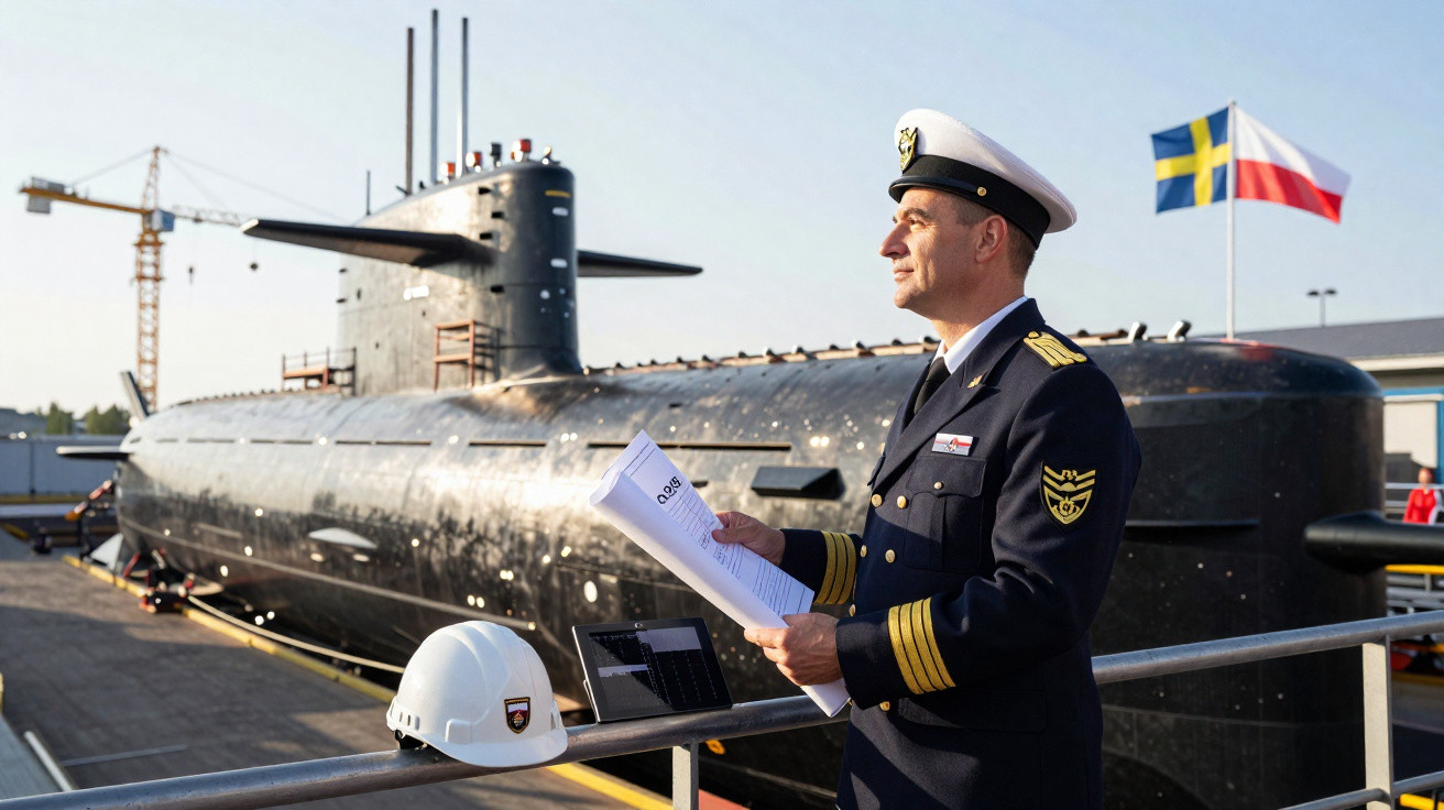 Oficial da marinha com uniforma segurando plantas em frente a um submarino atracado no porto.