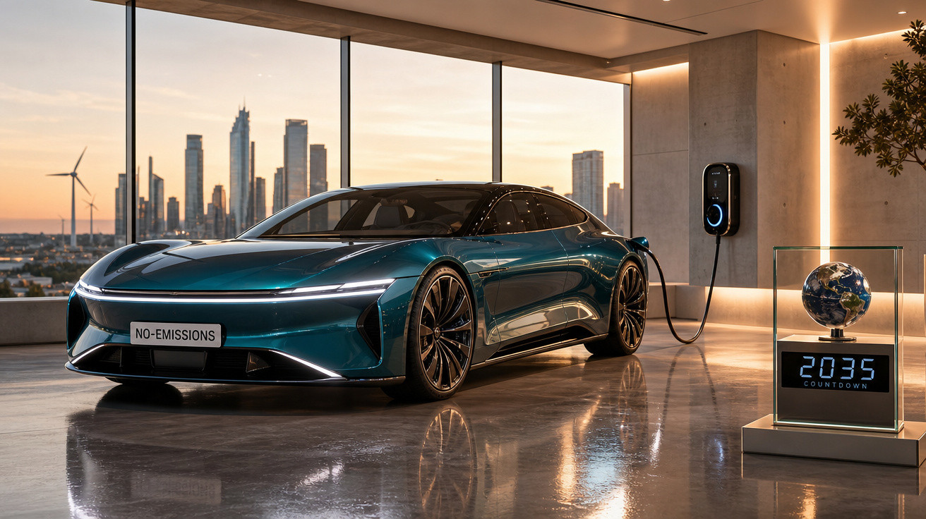 Carro elétrico azul carregando em garagem moderna com vista urbana e globo com contagem regressiva para 2035.