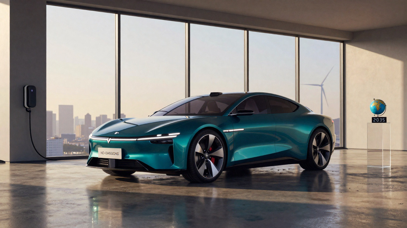 Carro elétrico verde estacionado em garagem moderna com carregador plugado e vista urbana ao fundo.