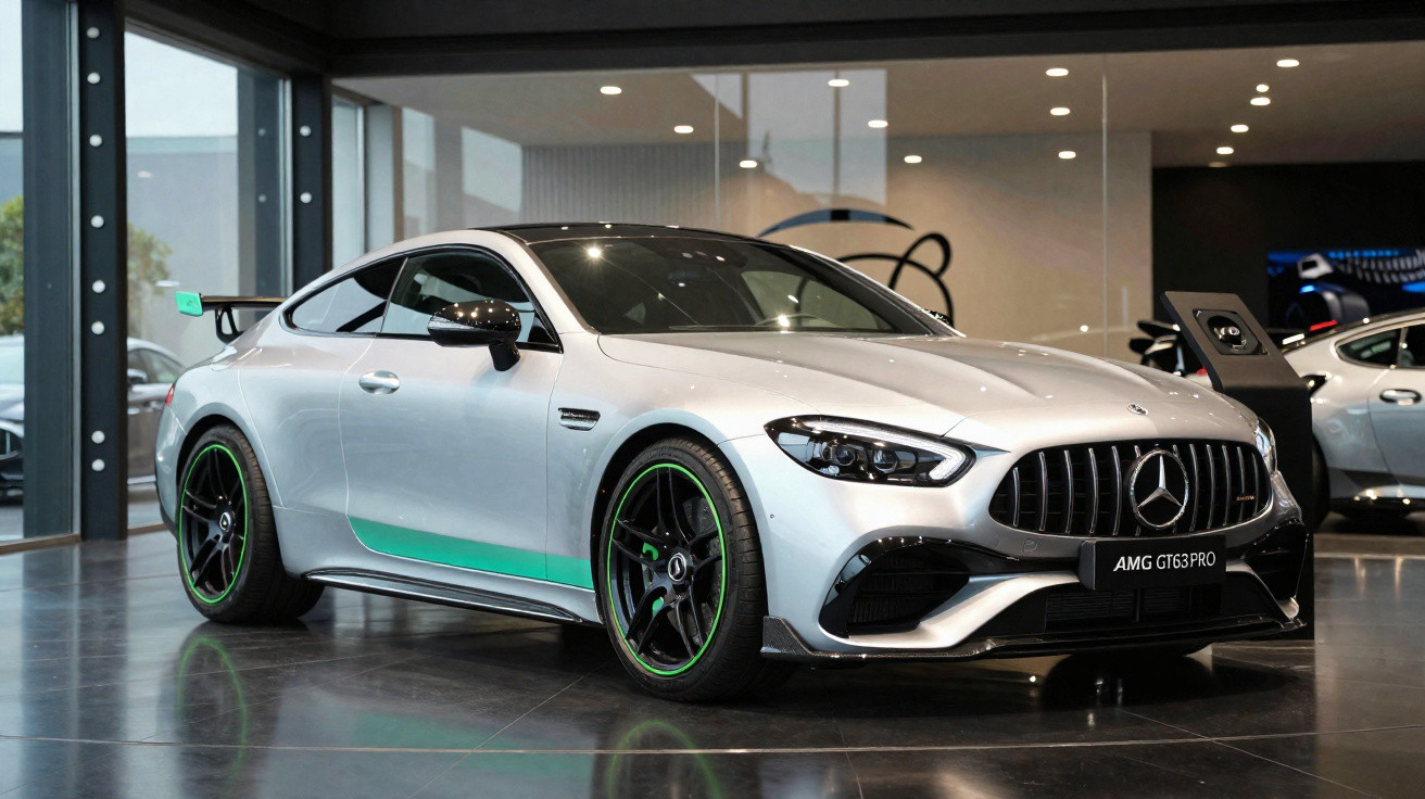 Carro esportivo prata Mercedes AMG GT63 PRO exibido em ambiente interno moderno.