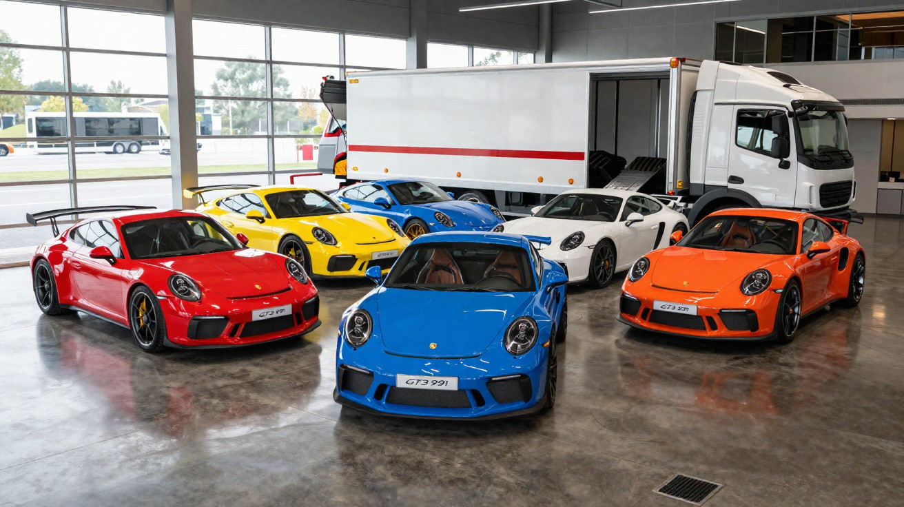 Cinco carros esportivos Porsche GT3 em cores vibrantes estacionados em um galpão com um caminhão branco ao fundo.