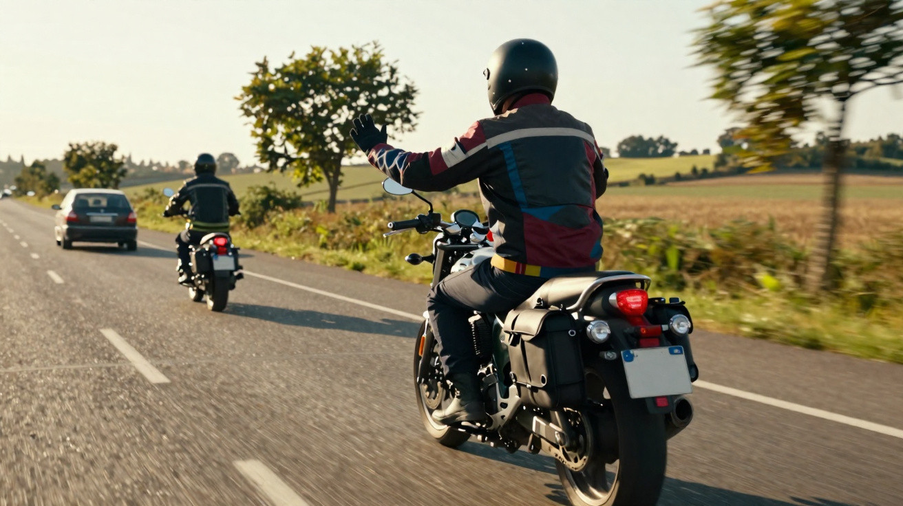 Dois motociclistas em estrada rural, um acenando com a mão direita, ambos usando capacete e jaqueta.