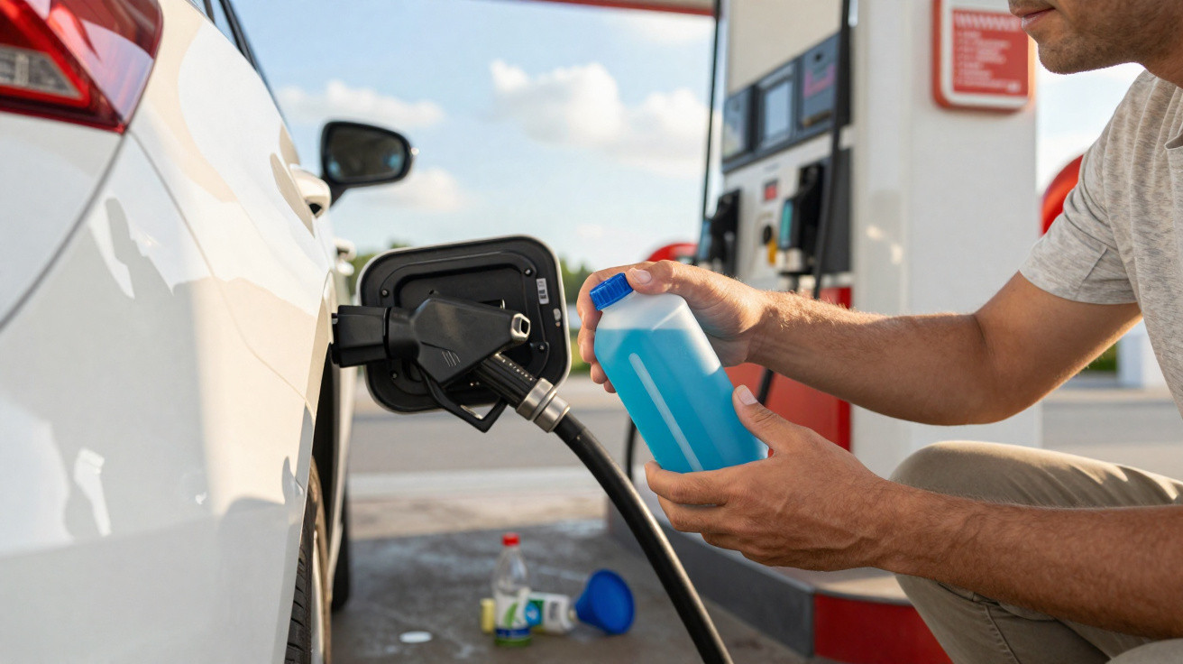 Pessoa abastecendo carro com frasco azul em posto de gasolina ao ar livre em dia ensolarado.