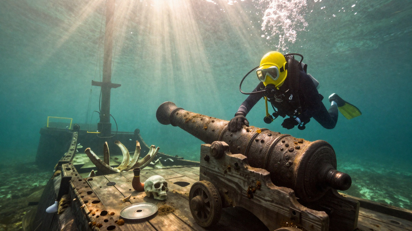 Mergulhador explorando um canhão antigo e ossos em um navio naufragado submerso.