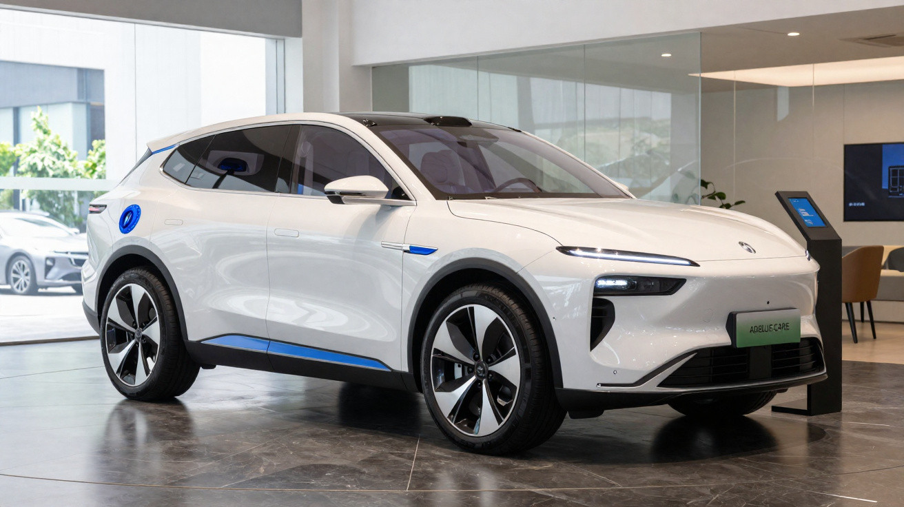 Carro elétrico branco estacionado em ambiente interno moderno, com detalhes azuis e design futurista.