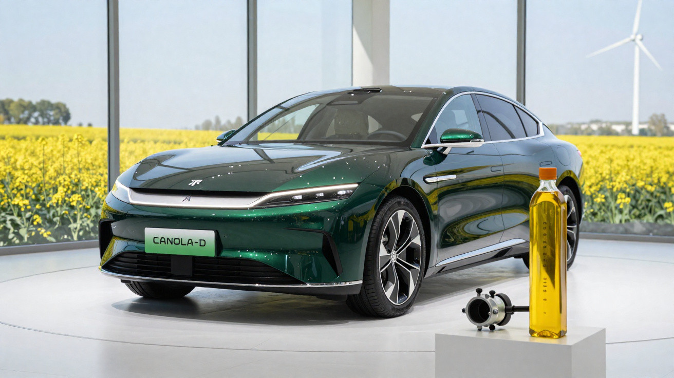 Carro elétrico verde Canola-D em exposição com campo de flores amarelas e turbinas eólicas ao fundo.